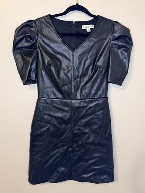 She and Sky Black Faux Leather Puff-Sleeve Mini Dress